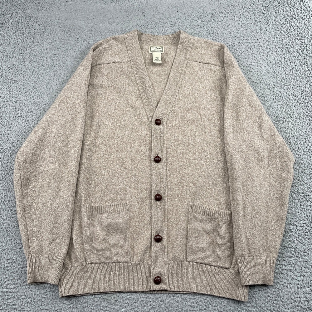 L.L. Bean Cardigan Mens L Tan Lambswool Button Front V-Neck Pocket Classic Warm